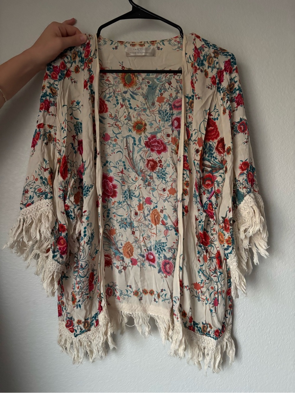 Zara Cream Floral Fringe Kimono Jacket